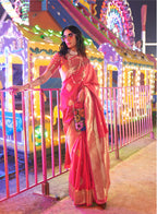 Monjolika Fashion Pink Colour Handloom Silk Blend Zari Woven Saree With Blouse - Distacart