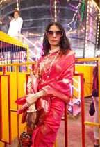 Monjolika Fashion Pink Colour Handloom Silk Blend Zari Woven Saree With Blouse - Distacart