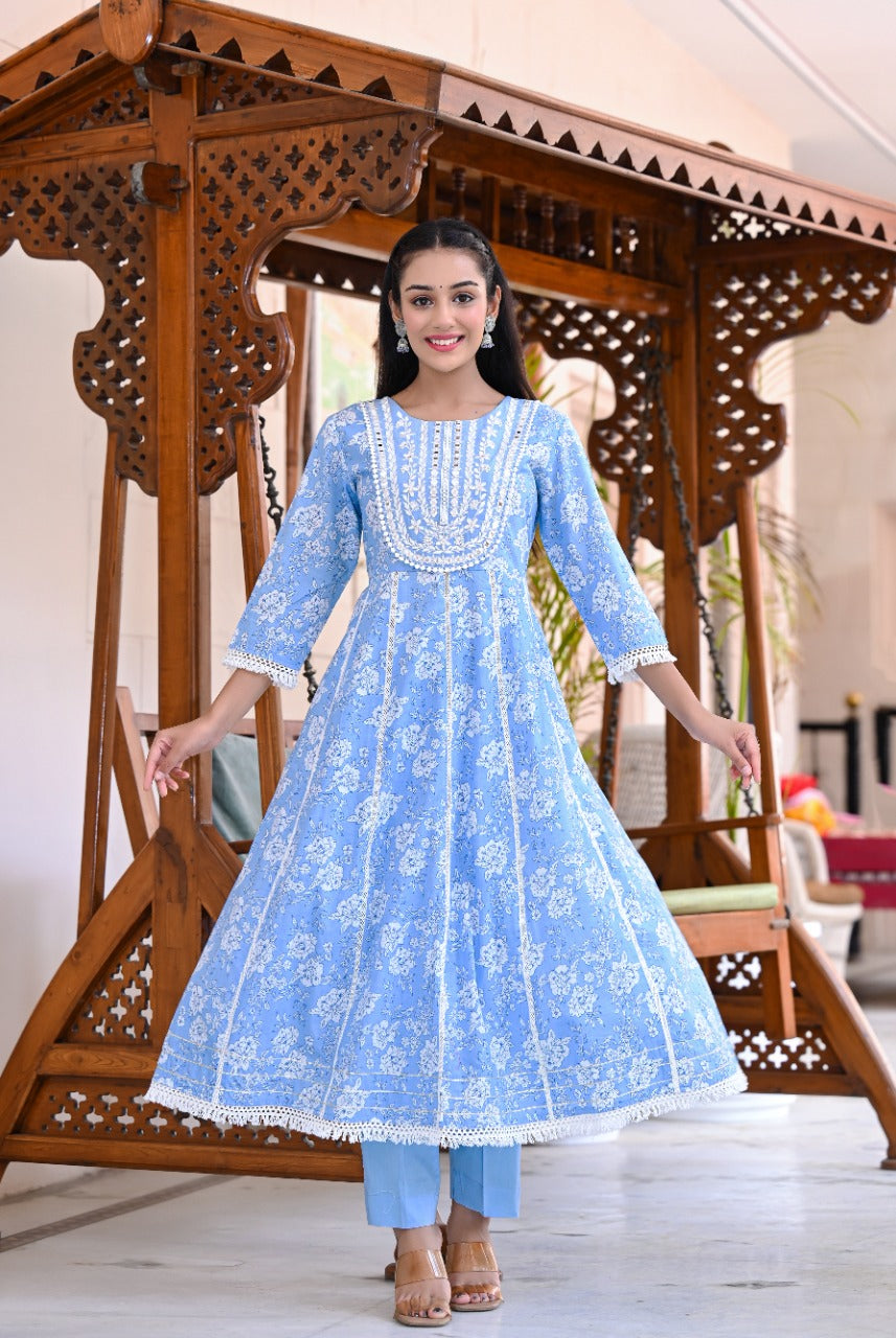Juniper Women's Sky Blue Cotton Printed Straight Kurta Pant Dupatta Set - Distacart