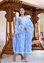 Juniper Women's Sky Blue Cotton Printed Straight Kurta Pant Dupatta Set - Distacart