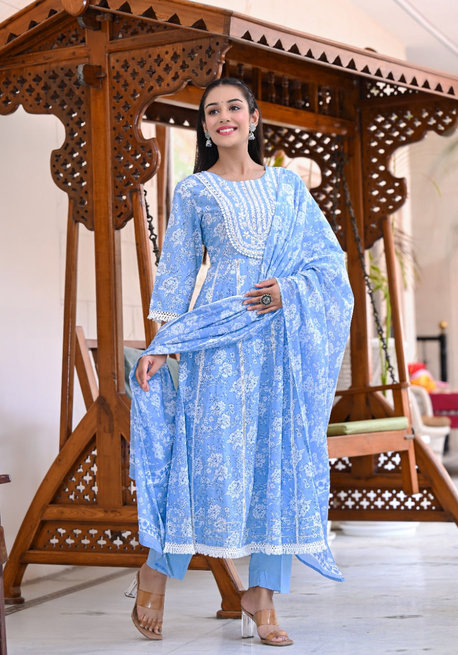 Juniper Women's Sky Blue Cotton Printed Straight Kurta Pant Dupatta Set - Distacart