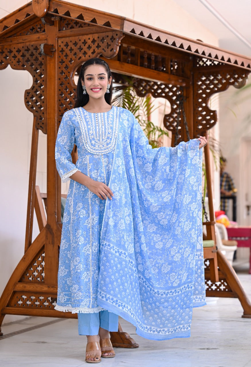 Juniper Women's Sky Blue Cotton Printed Straight Kurta Pant Dupatta Set - Distacart
