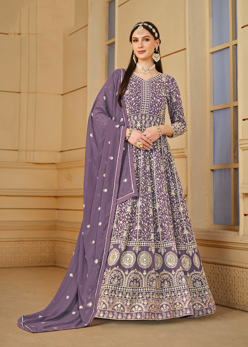 Monjolika Fashion Faux Georgette Lavender Anarkali Salwar Kameez - Distacart