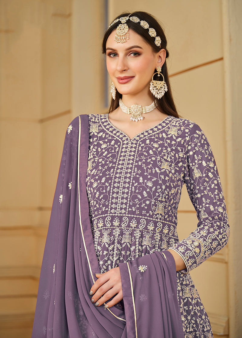 Monjolika Fashion Faux Georgette Lavender Anarkali Salwar Kameez - Distacart