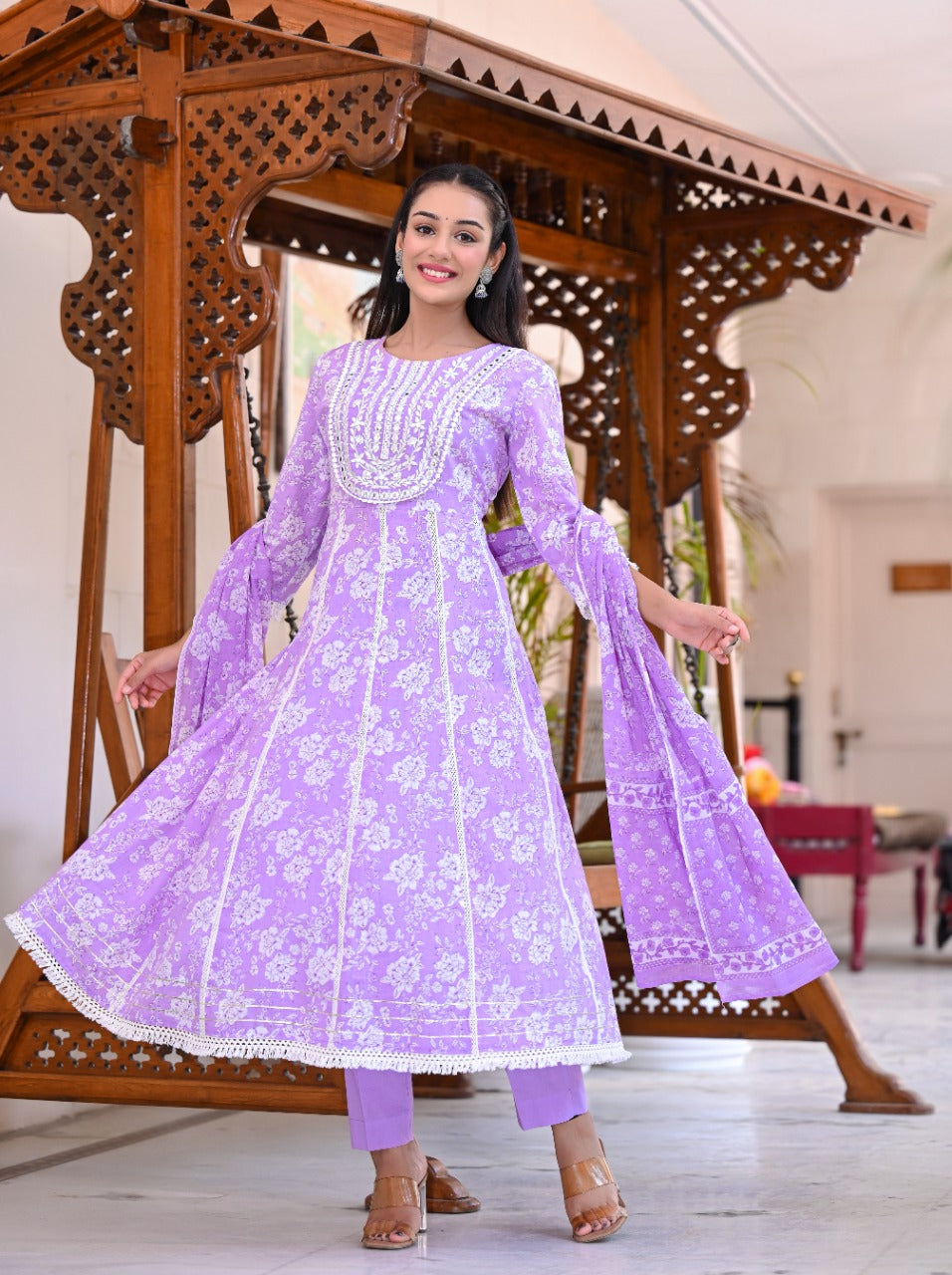 Juniper Women's Purple Cotton Printed Straight Kurta Pant Dupatta Set - Distacart