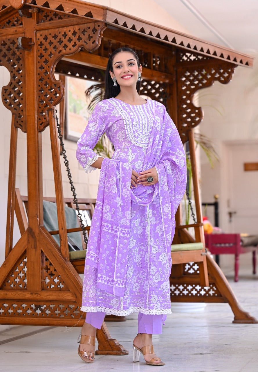 Juniper Women's Purple Cotton Printed Straight Kurta Pant Dupatta Set - Distacart