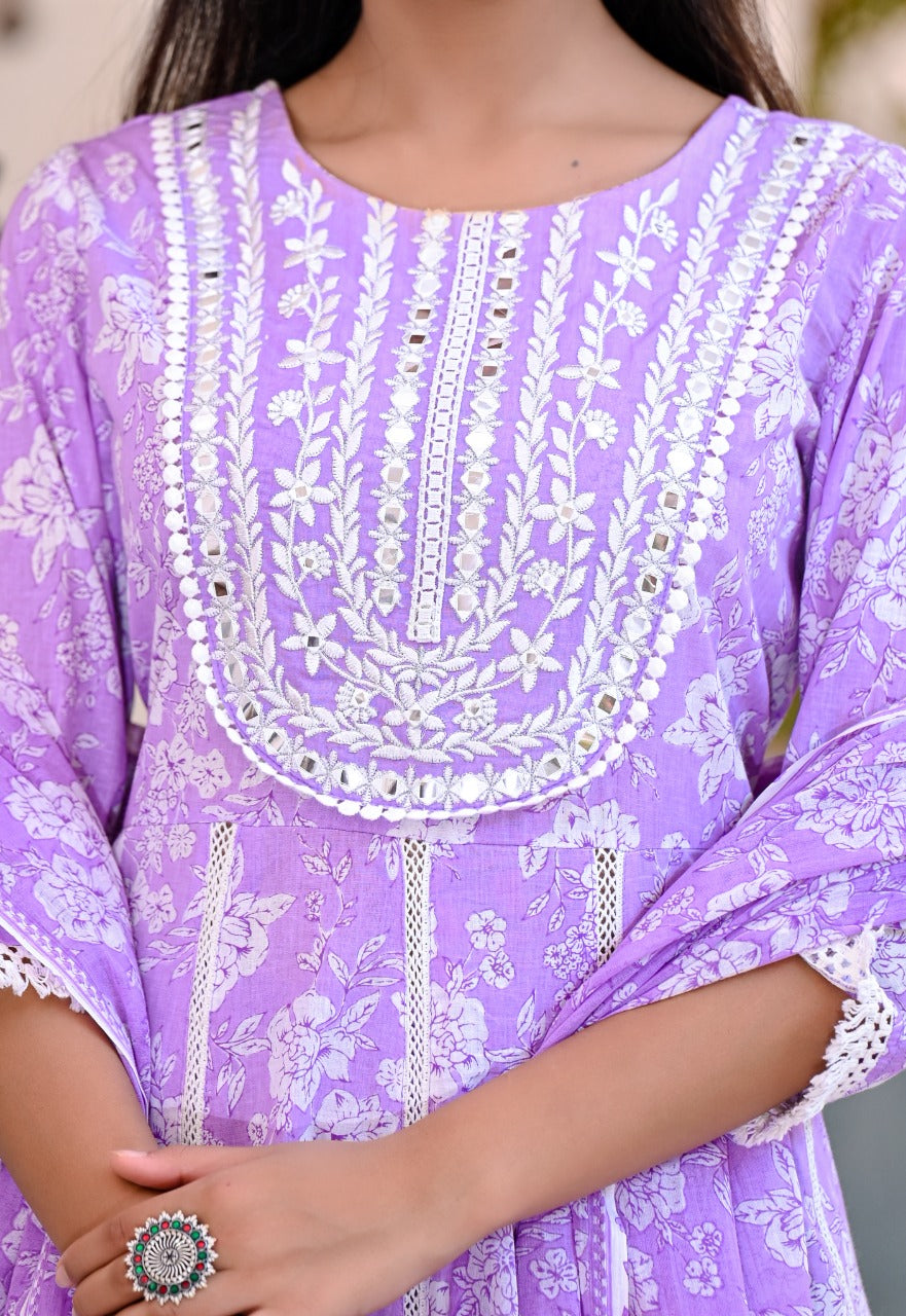 Juniper Women's Purple Cotton Printed Straight Kurta Pant Dupatta Set - Distacart