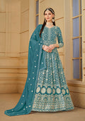 Monjolika Fashion Faux Georgette Teal Anarkali Salwar Kameez - Distacart