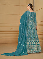 Monjolika Fashion Faux Georgette Teal Anarkali Salwar Kameez - Distacart