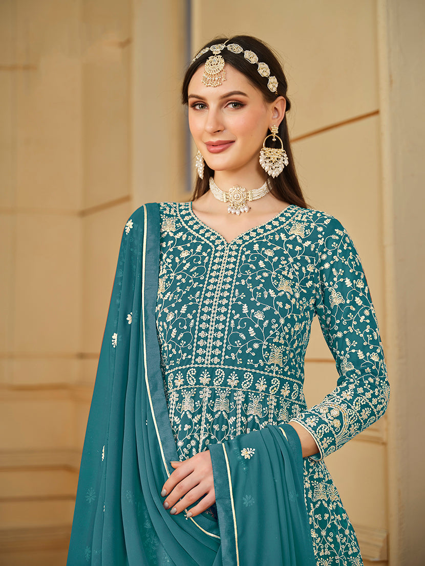 Monjolika Fashion Faux Georgette Teal Anarkali Salwar Kameez - Distacart