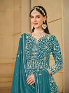 Monjolika Fashion Faux Georgette Teal Anarkali Salwar Kameez - Distacart