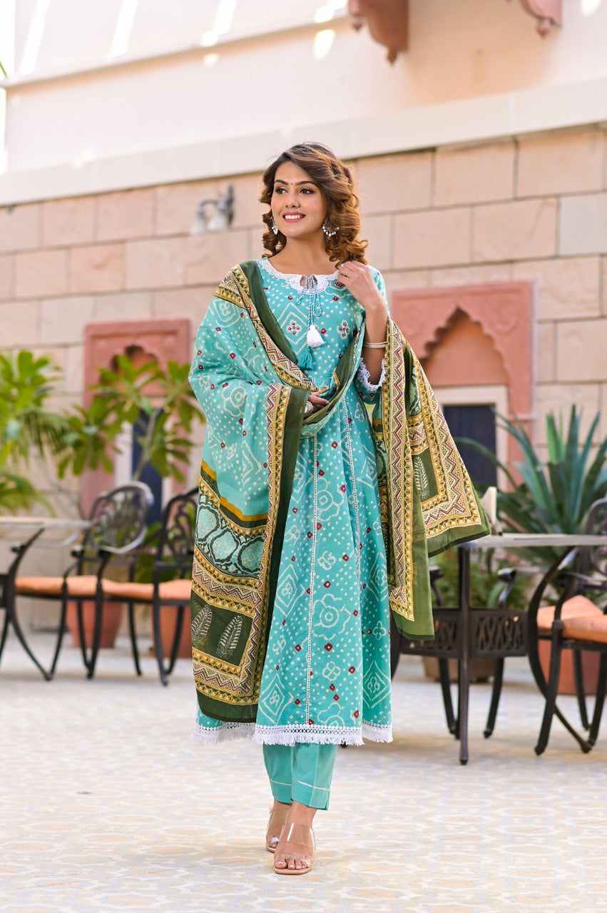 Juniper Women's Teal Cotton Printed Straight Kurta Pant Dupatta Set - Distacart