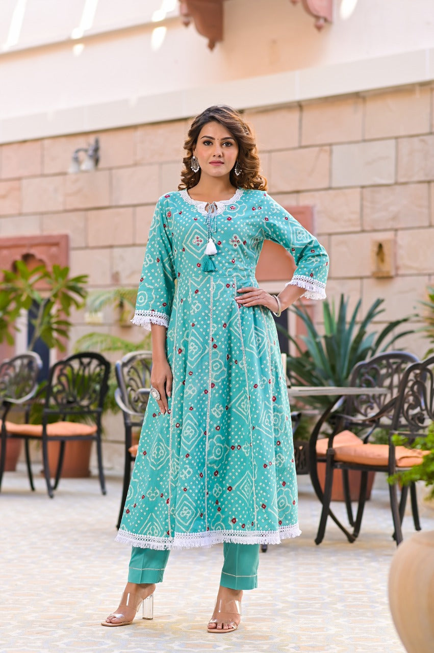 Juniper Women's Teal Cotton Printed Straight Kurta Pant Dupatta Set - Distacart