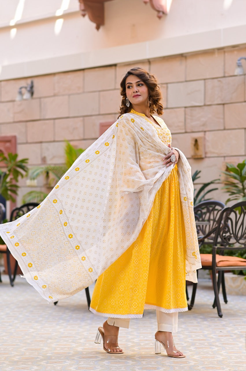 Juniper Women's Yellow Cotton Printed Straight Kurta Pant Dupatta Set - Distacart