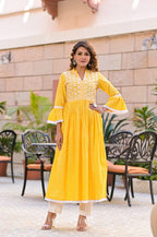 Juniper Women's Yellow Cotton Printed Straight Kurta Pant Dupatta Set - Distacart