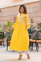 Juniper Women's Yellow Cotton Printed Straight Kurta Pant Dupatta Set - Distacart