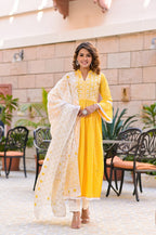 Juniper Women's Yellow Cotton Printed Straight Kurta Pant Dupatta Set - Distacart