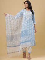 Juniper Women's Sky Blue Cotton Printed Straight Kurta Pant Dupatta Set - Distacart