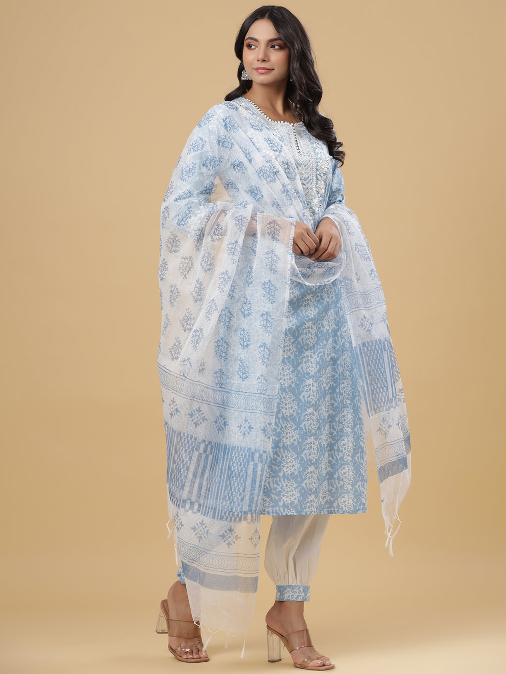 Juniper Women's Sky Blue Cotton Printed Straight Kurta Pant Dupatta Set - Distacart