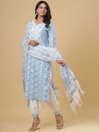 Juniper Women's Sky Blue Cotton Printed Straight Kurta Pant Dupatta Set - Distacart