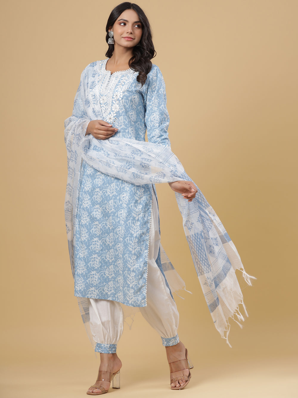 Juniper Women's Sky Blue Cotton Printed Straight Kurta Pant Dupatta Set - Distacart