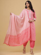 Juniper Women's Pink Cotton Printed Straight Kurta Pant Dupatta Set - Distacart