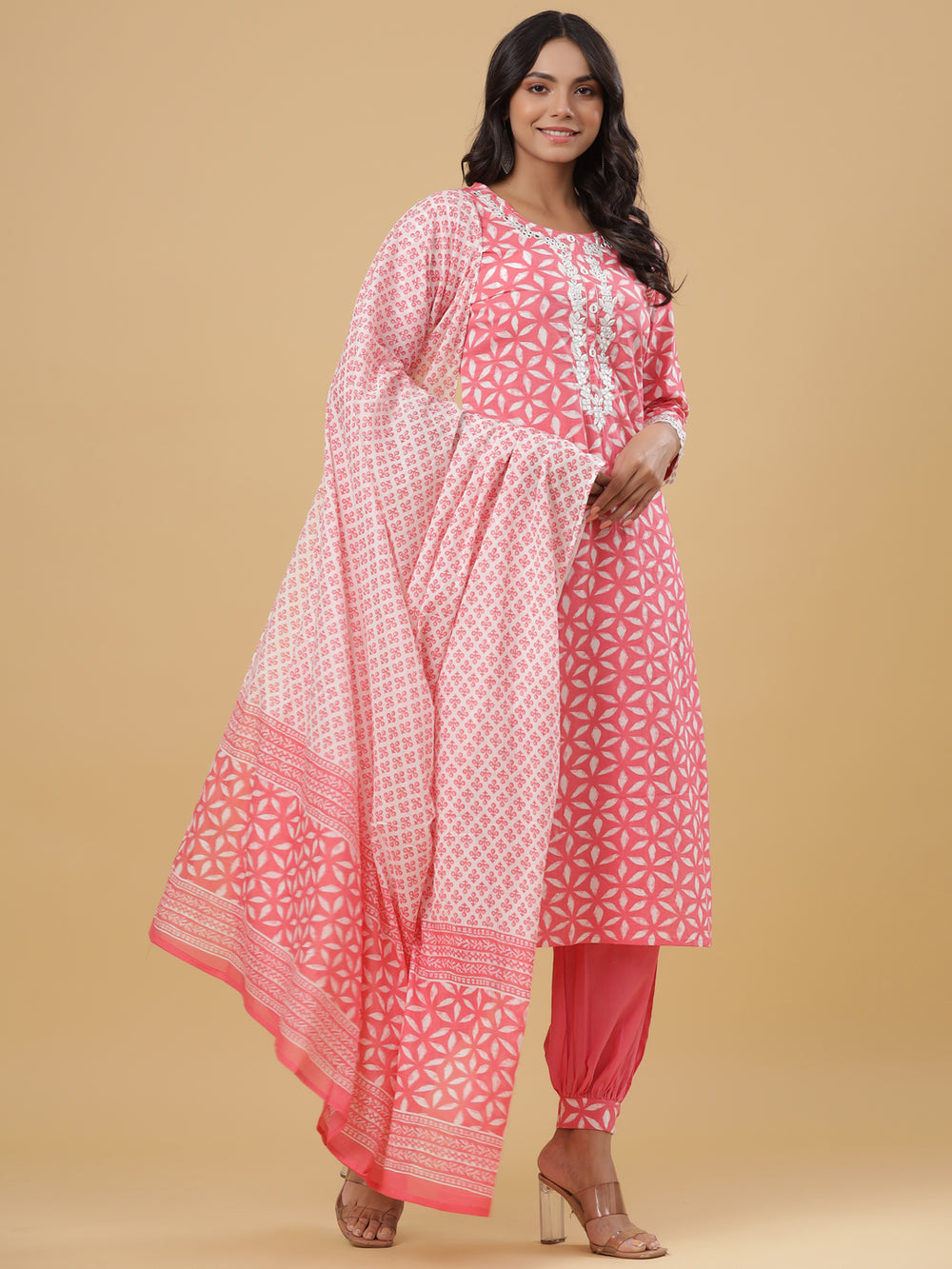 Juniper Women's Pink Cotton Printed Straight Kurta Pant Dupatta Set - Distacart