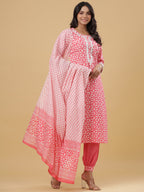 Juniper Women's Pink Cotton Printed Straight Kurta Pant Dupatta Set - Distacart