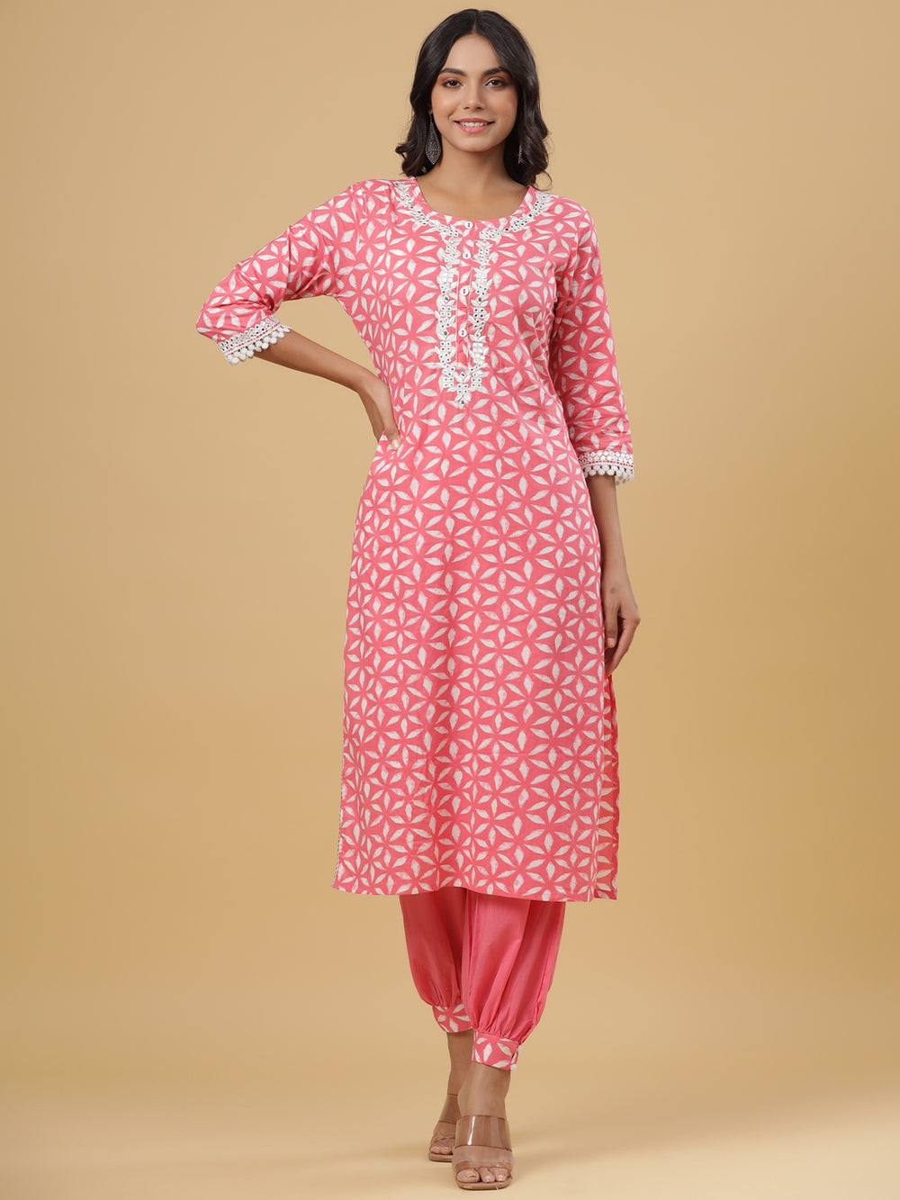 Juniper Women's Pink Cotton Printed Straight Kurta Pant Dupatta Set - Distacart