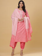 Juniper Women's Pink Cotton Printed Straight Kurta Pant Dupatta Set - Distacart