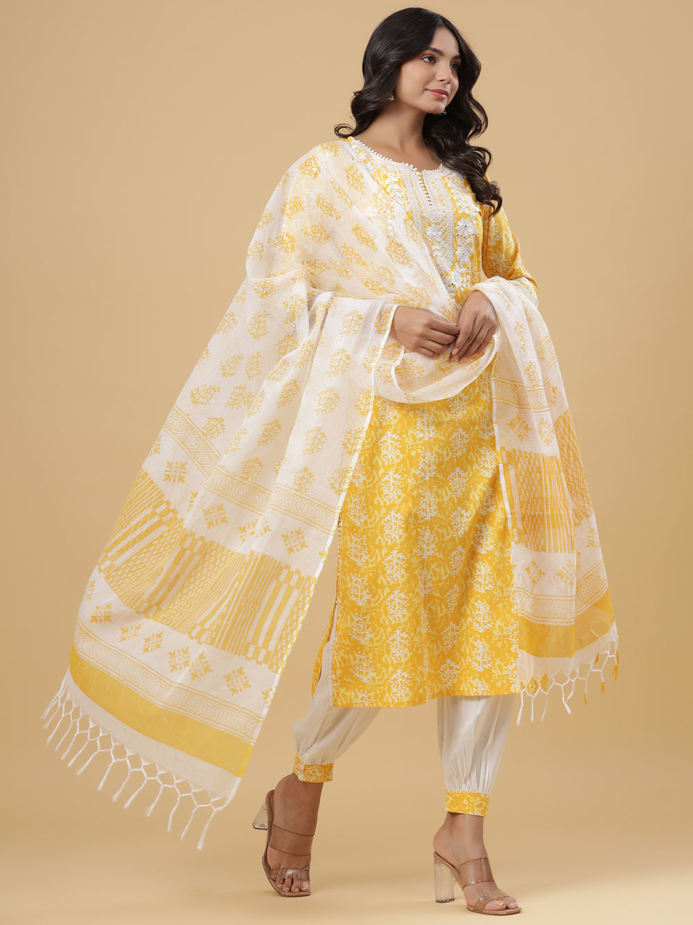 Juniper Women's Yellow Cotton Printed Straight Kurta Pant Dupatta Set - Distacart