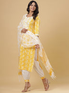 Juniper Women's Yellow Cotton Printed Straight Kurta Pant Dupatta Set - Distacart