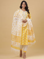 Juniper Women's Yellow Cotton Printed Straight Kurta Pant Dupatta Set - Distacart