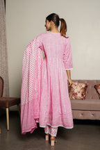 Juniper Women's Pink Cotton Printed Straight Kurta Pant Dupatta Set - Distacart
