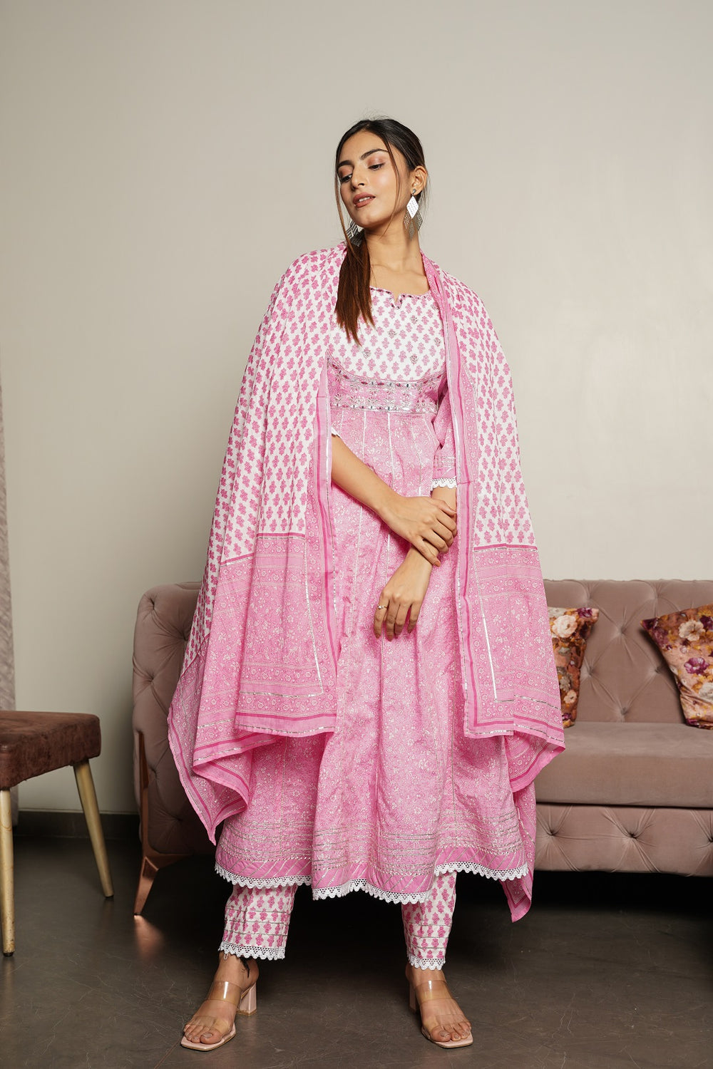 Juniper Women's Pink Cotton Printed Straight Kurta Pant Dupatta Set - Distacart