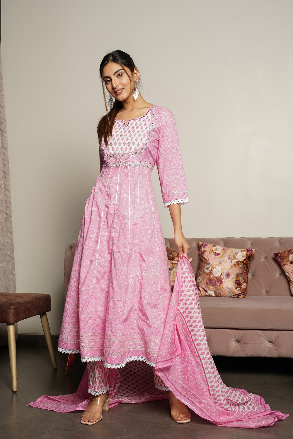 Juniper Women's Pink Cotton Printed Straight Kurta Pant Dupatta Set - Distacart