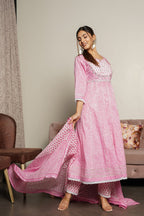 Juniper Women's Pink Cotton Printed Straight Kurta Pant Dupatta Set - Distacart