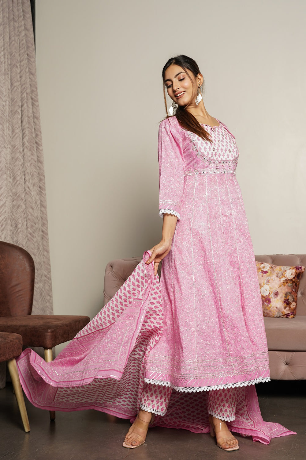 Juniper Women's Pink Cotton Printed Straight Kurta Pant Dupatta Set - Distacart
