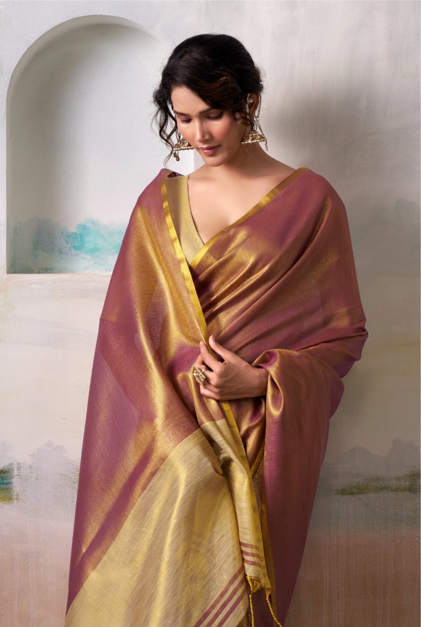 Anaita Pink Gold Handloom Tissue Silk Self Woven Plain Saree - Distacart