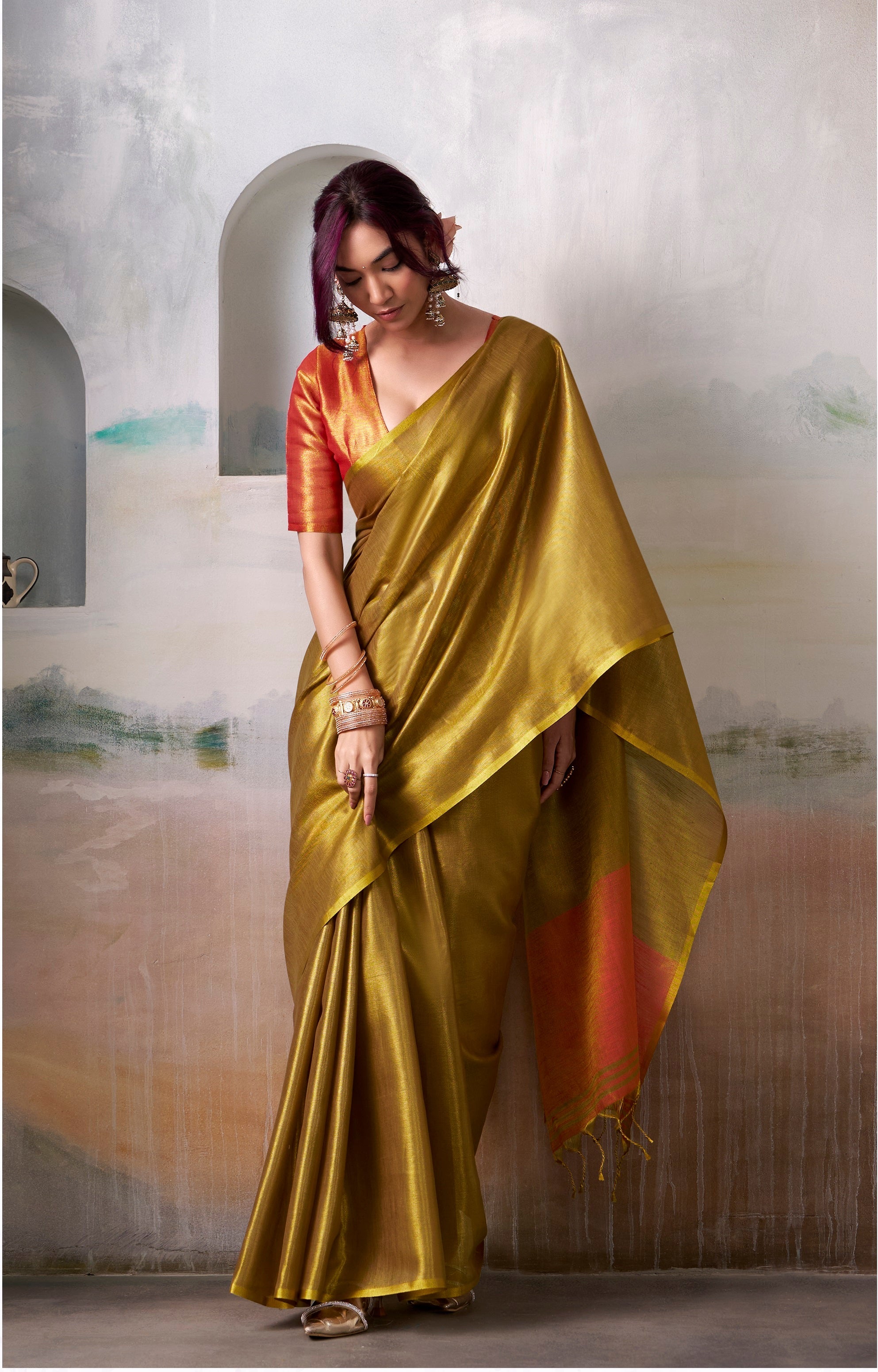 Anaita Pink Gold Handloom Tissue Silk Self Woven Plain Saree - Distacart