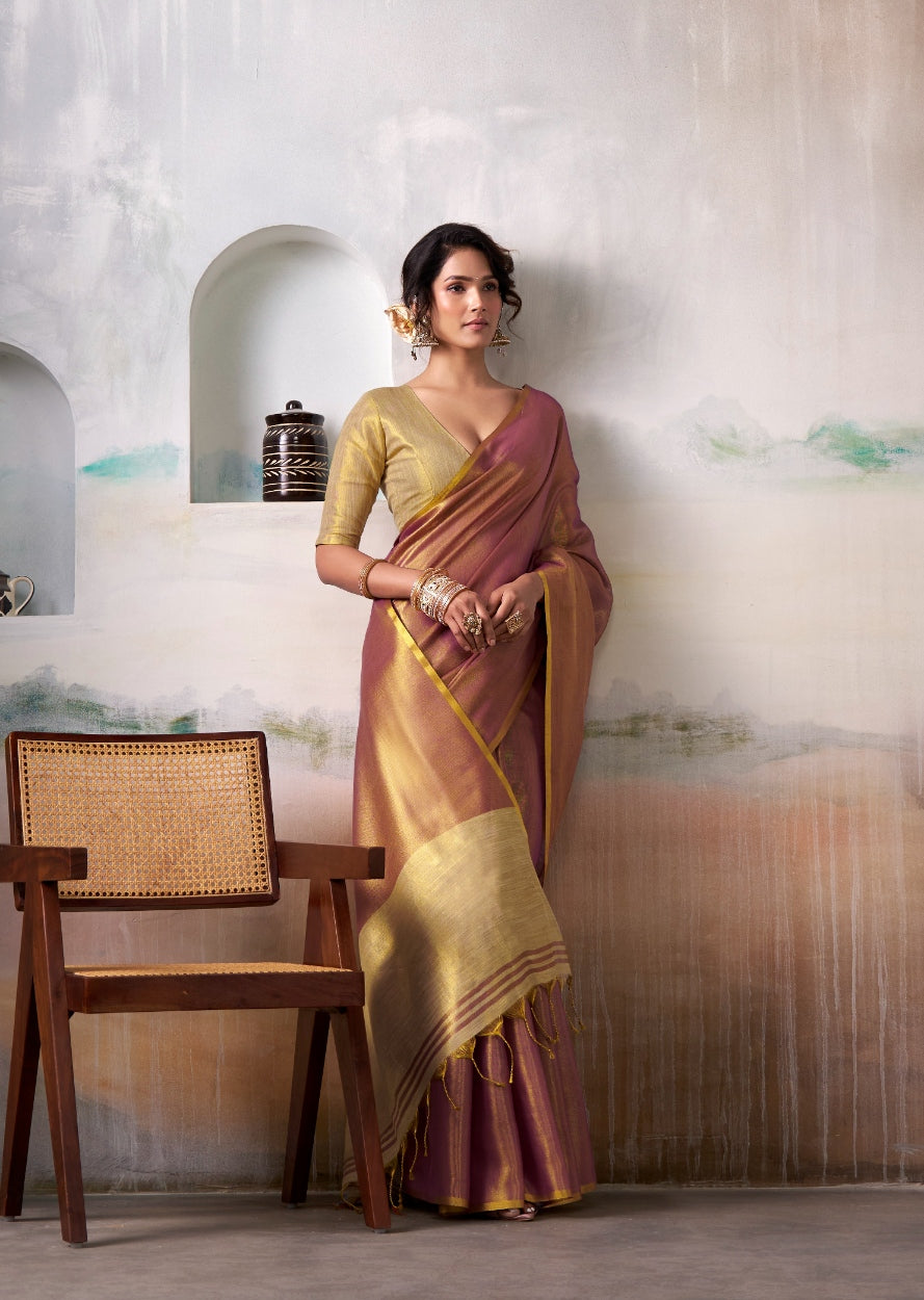 Anaita Pink Gold Handloom Tissue Silk Self Woven Plain Saree - Distacart