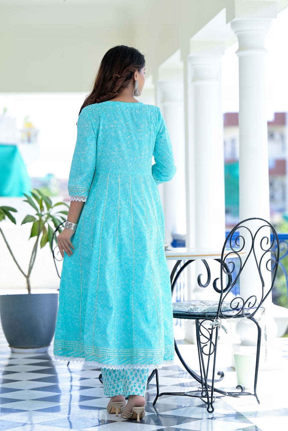 Juniper Women's Sky Blue Cotton Printed Straight Kurta Pant Dupatta Set - Distacart
