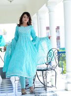 Juniper Women's Sky Blue Cotton Printed Straight Kurta Pant Dupatta Set - Distacart