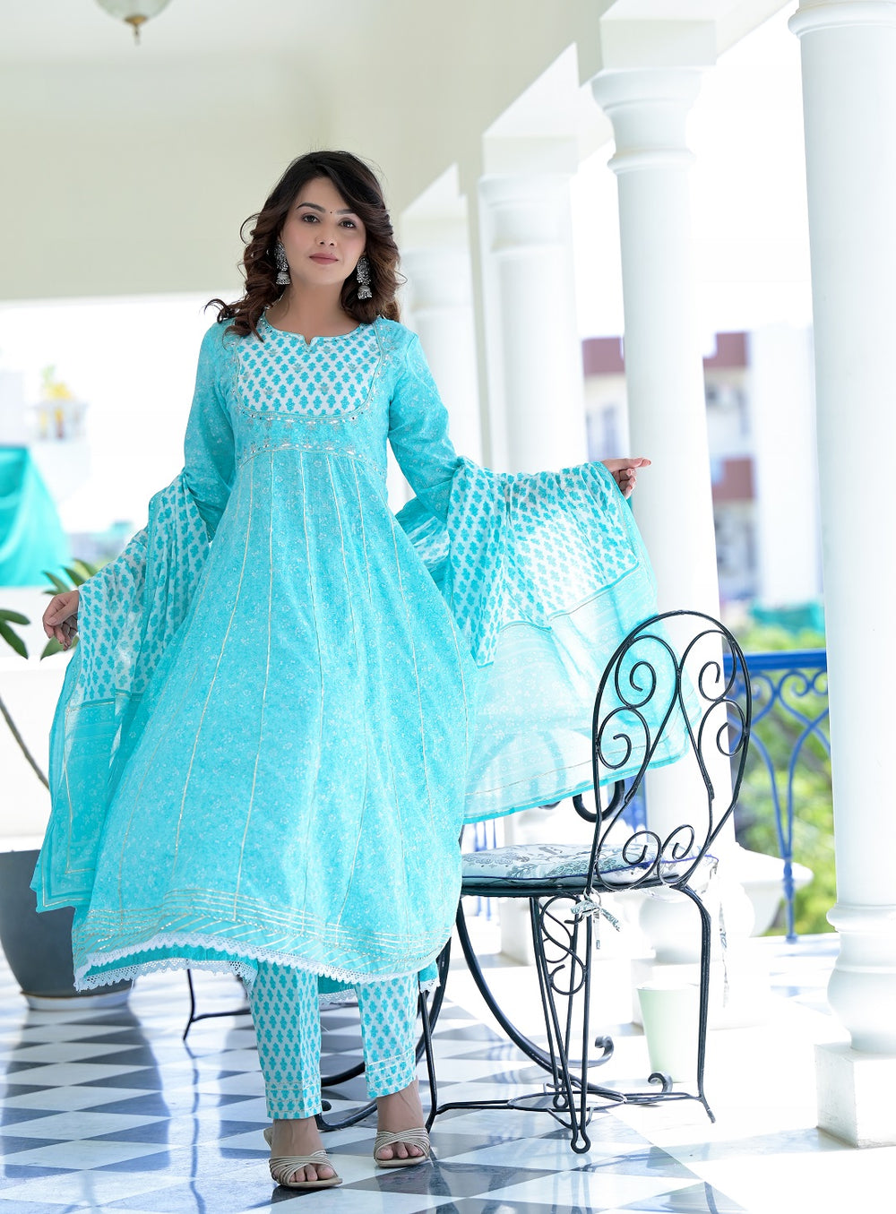 Juniper Women's Sky Blue Cotton Printed Straight Kurta Pant Dupatta Set - Distacart