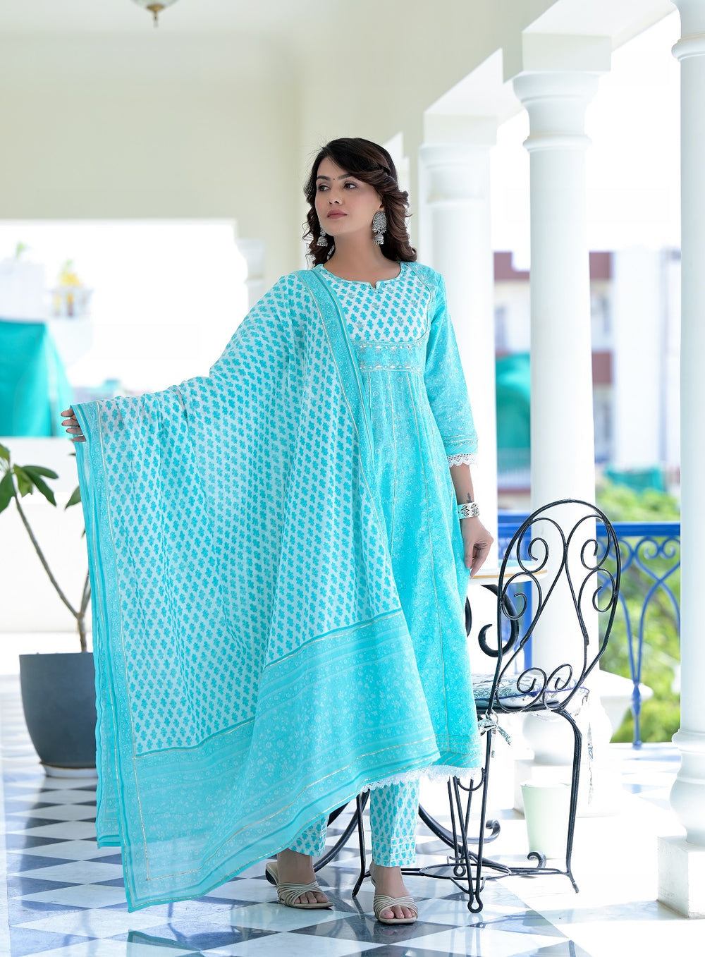 Juniper Women's Sky Blue Cotton Printed Straight Kurta Pant Dupatta Set - Distacart