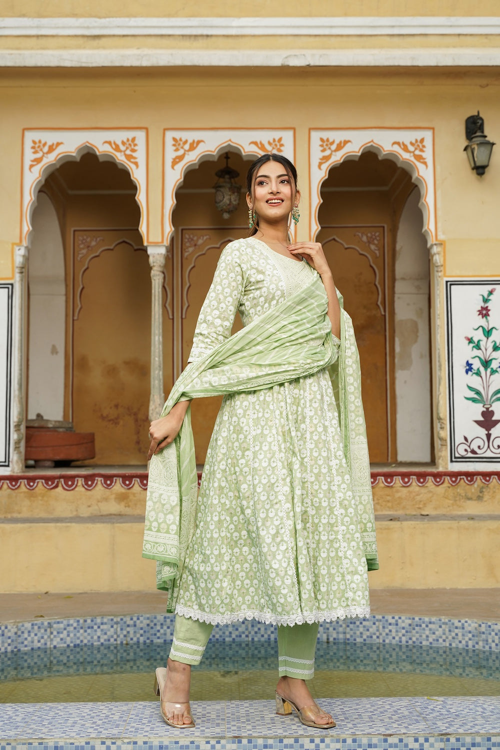 Juniper Women's Sage Green Cotton Printed Straight Kurta Pant Dupatta Set - Distacart