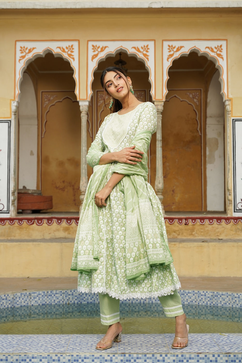 Juniper Women's Sage Green Cotton Printed Straight Kurta Pant Dupatta Set - Distacart