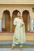 Juniper Women's Sage Green Cotton Printed Straight Kurta Pant Dupatta Set - Distacart