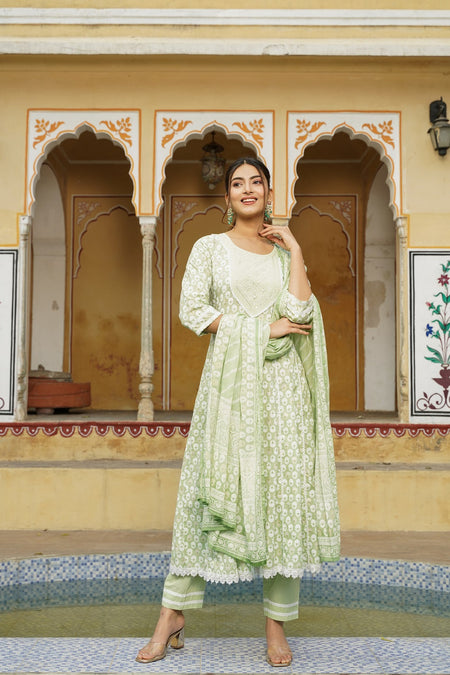 Juniper Women's Sage Green Cotton Printed Straight Kurta Pant Dupatta Set