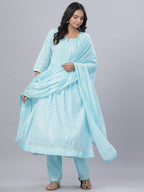 Juniper Women's Sky Blue Cotton Printed Straight Kurta Pant Dupatta Set - Distacart